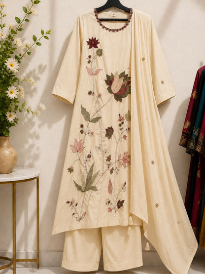 Cream Mul Cotton Floral Embroidered Kurta Set with Dupatta
