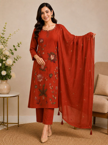Rust Orange Mul Cotton Floral Embroidered Kurta Set with Dupatta