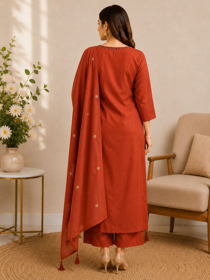 Rust Orange Mul Cotton Floral Embroidered Kurta Set with Dupatta