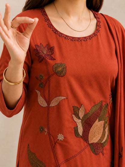 Rust Orange Mul Cotton Floral Embroidered Kurta Set with Dupatta