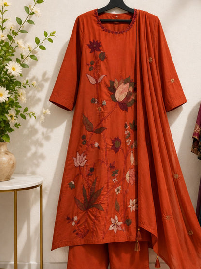 Rust Orange Mul Cotton Floral Embroidered Kurta Set with Dupatta