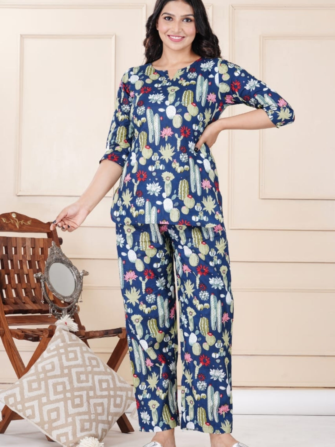 Navy Blue Cotton Co-ord Set with Floral & Cactus Print – Casual Wear
