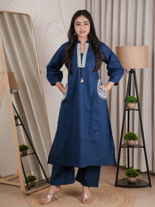 Navy Blue Dabu Cotton A-Line Kurta Set with Handcrafted Embroidery
