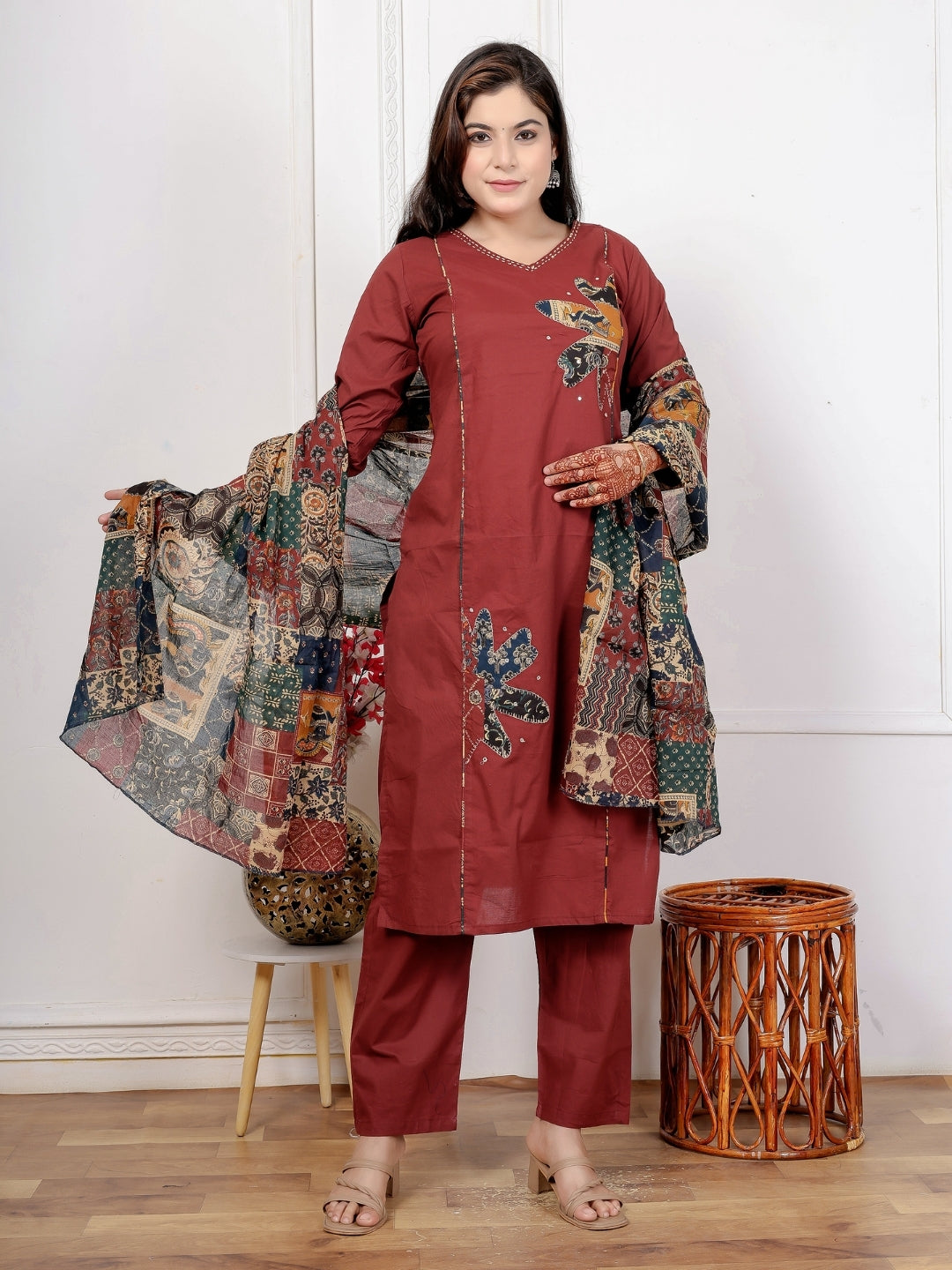 Maroon Cotton Kurta Set with Patch Handwork and Printed Dupatta – Ethnic Wear
