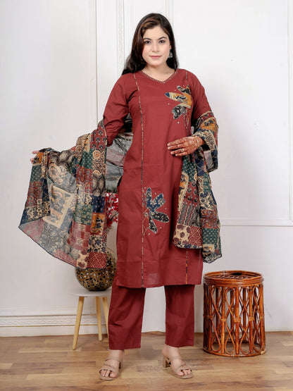 Maroon Cotton Kurta Set with Patch Handwork and Printed Dupatta – Ethnic Wear