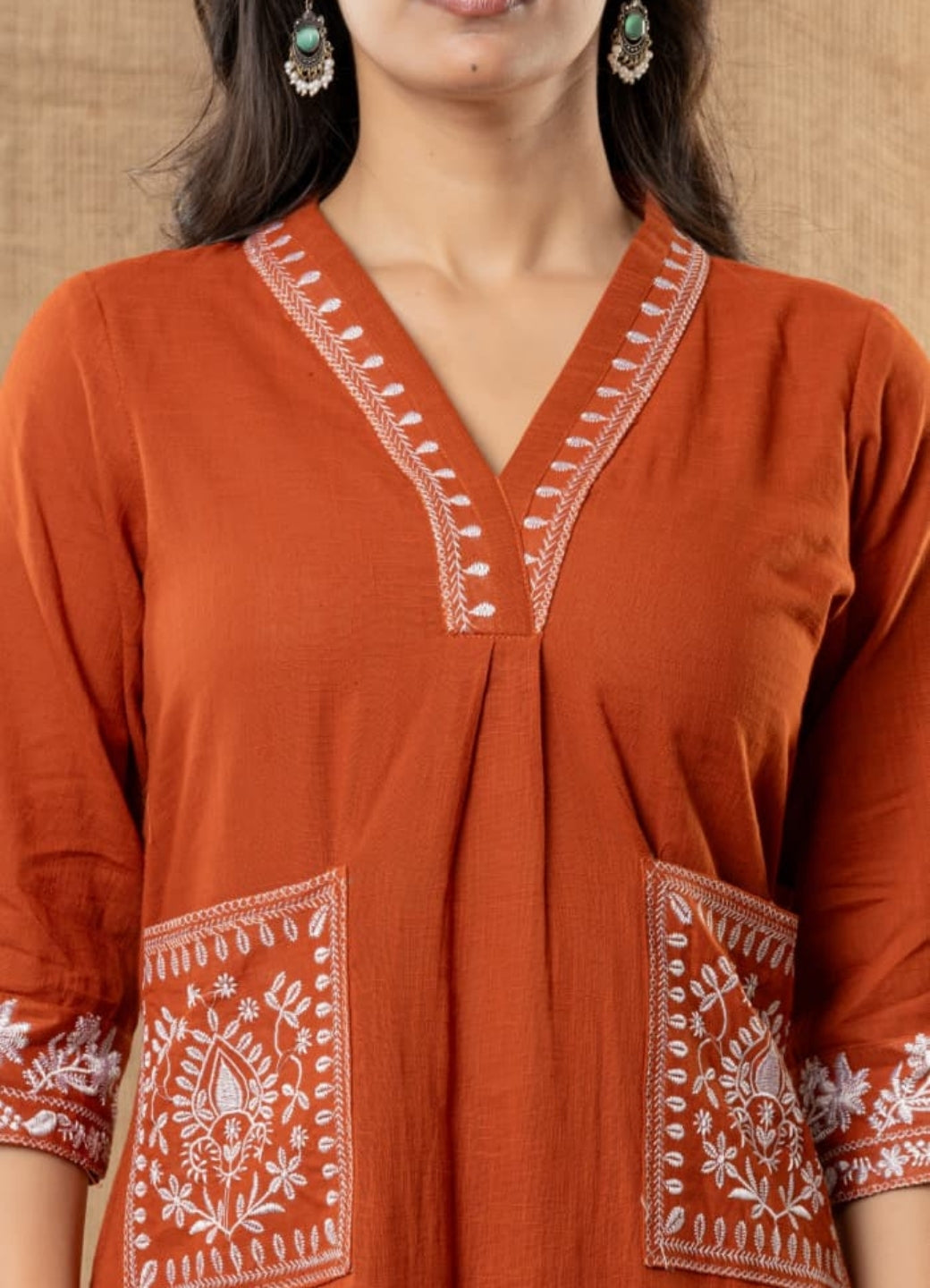 Rust Orange Cotton Slub Kurta Set with Pockets
