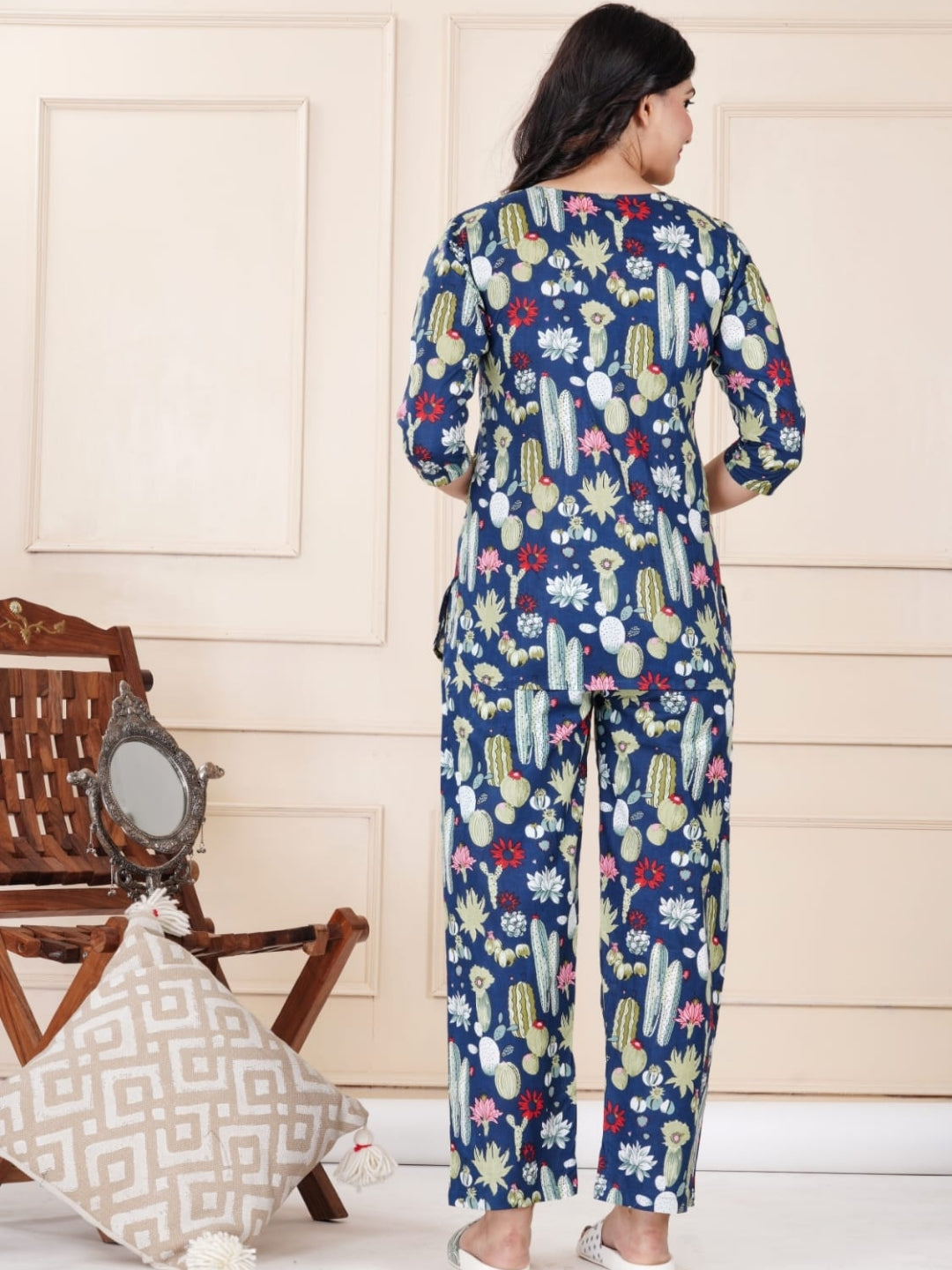 Navy Blue Cotton Co-ord Set with Floral & Cactus Print – Casual Wear