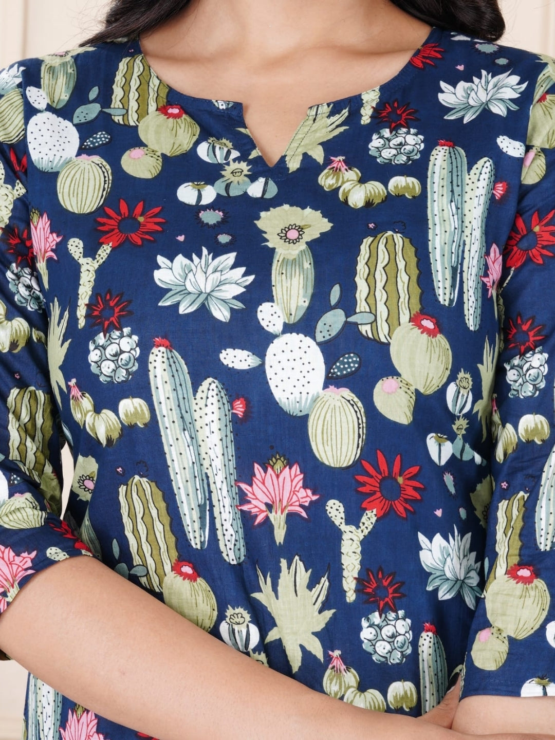 Navy Blue Cotton Co-ord Set with Floral & Cactus Print – Casual Wear
