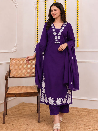 Royal Purple Embroidered Cotton Kurta Palazzo Set with Dupatta