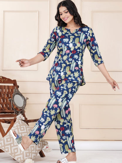 Navy Blue Cotton Co-ord Set with Floral & Cactus Print – Casual Wear