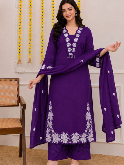 Royal Purple Embroidered Cotton Kurta Palazzo Set with Dupatta