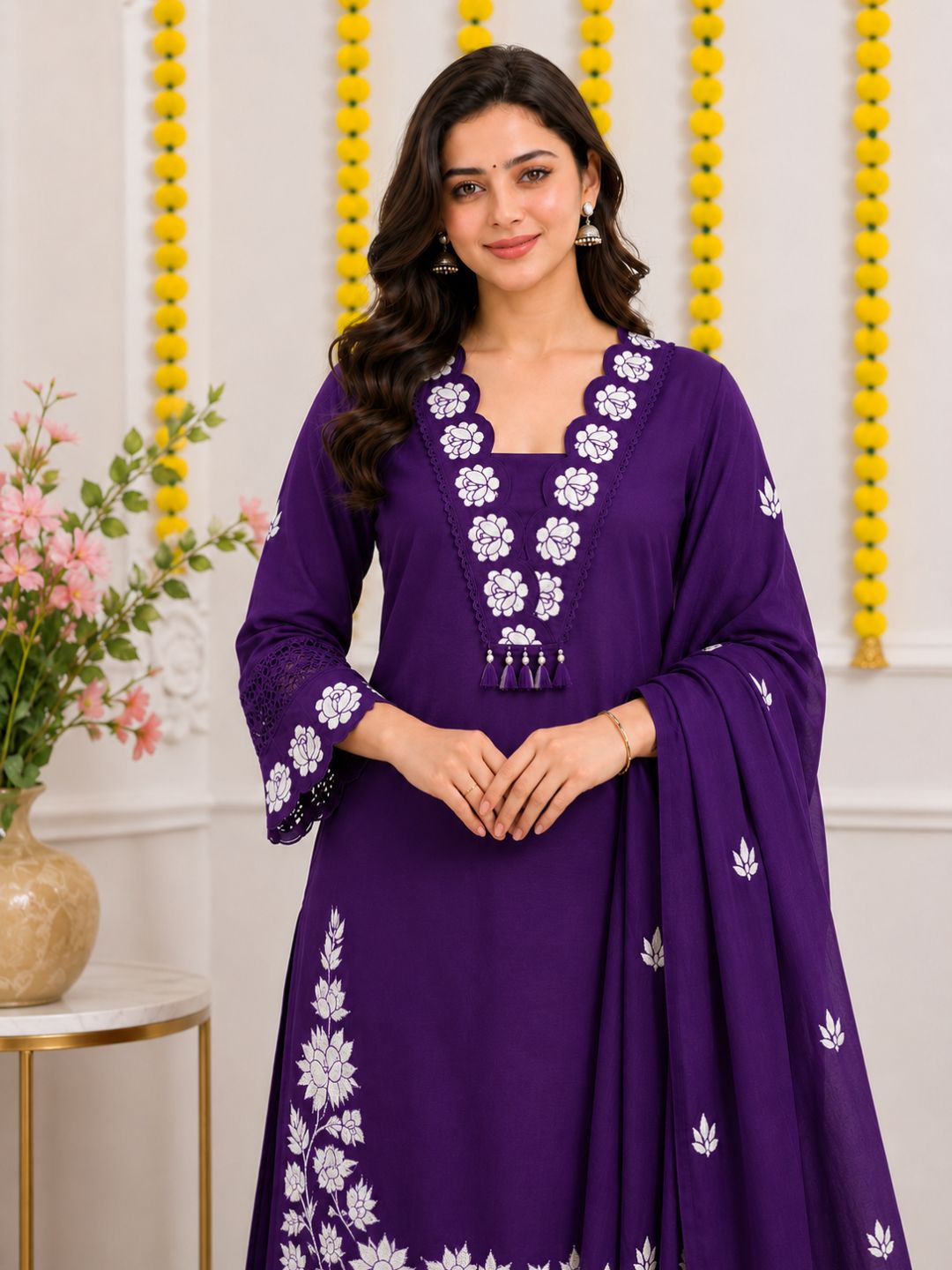Royal Purple Embroidered Cotton Kurta Palazzo Set with Dupatta