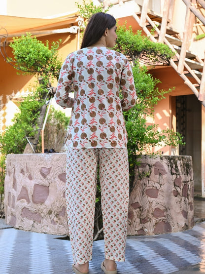 Off White Cotton Co-ord Set with Rustic Floral Buta Print – Casual Wear