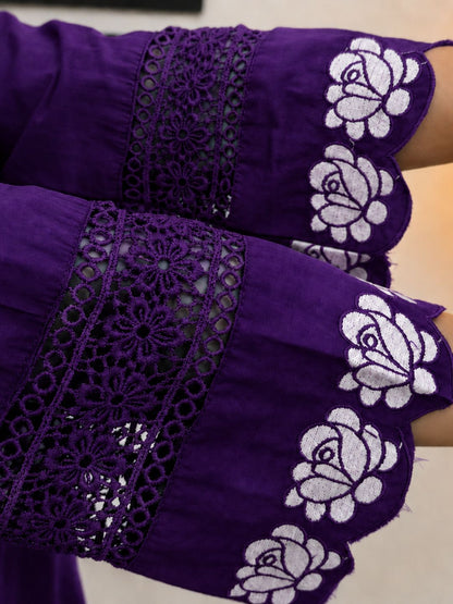 Royal Purple Embroidered Cotton Kurta Palazzo Set with Dupatta