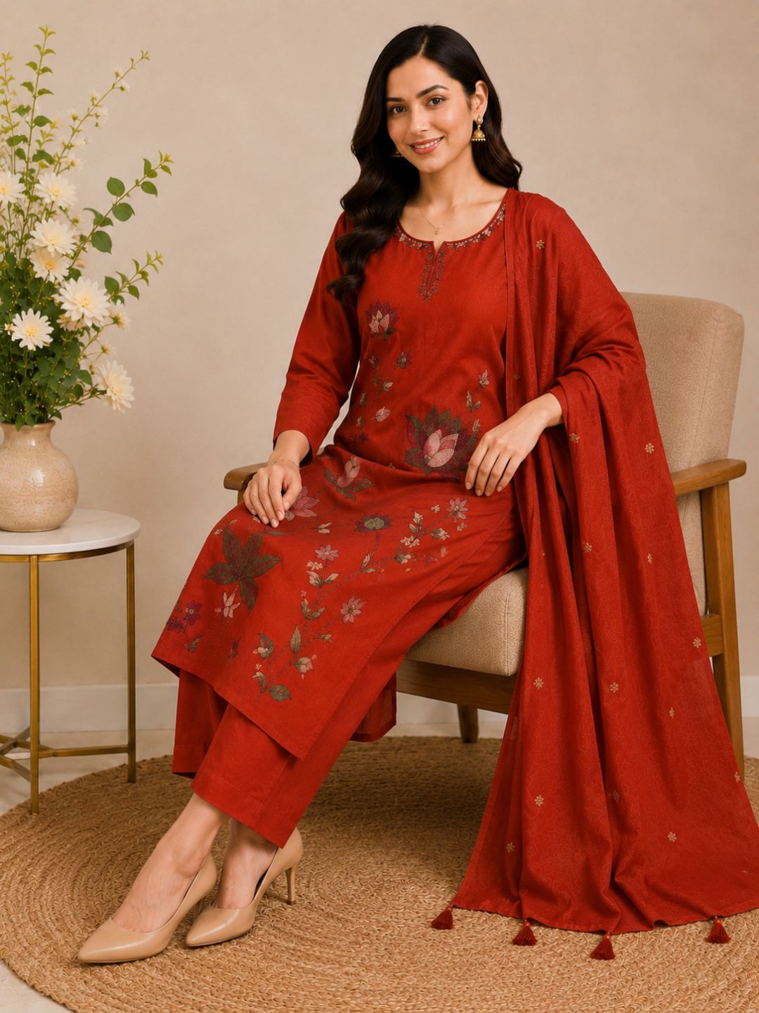 Rust Orange Mul Cotton Floral Embroidered Kurta Set with Dupatta