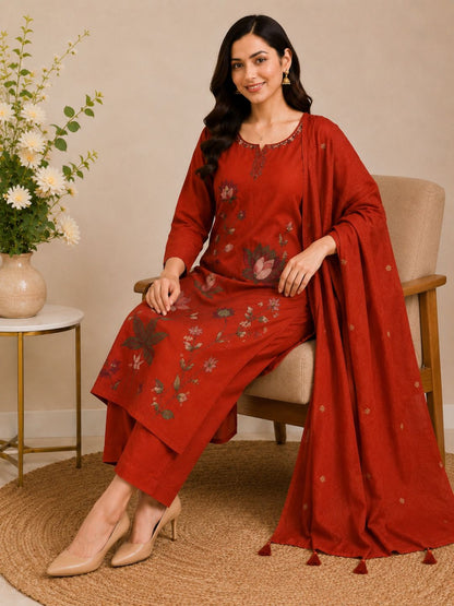 Rust Orange Mul Cotton Floral Embroidered Kurta Set with Dupatta