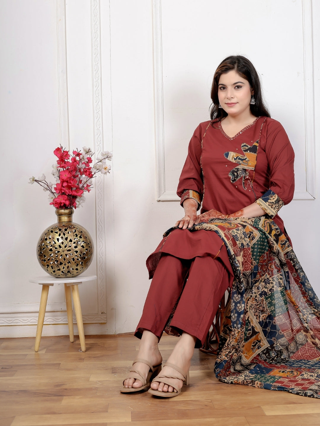 Maroon Cotton Kurta Set with Patch Handwork and Printed Dupatta – Ethnic Wear