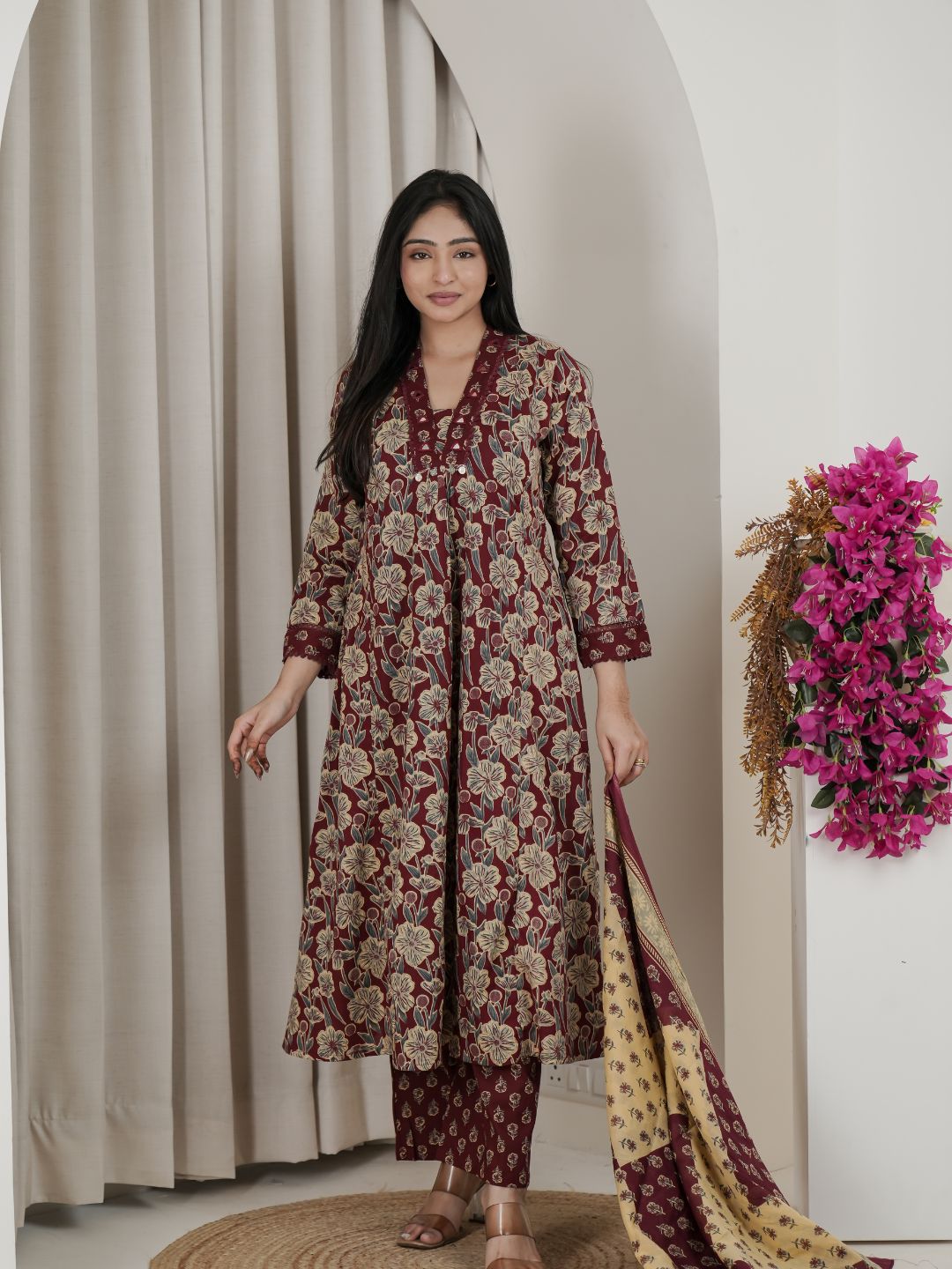 Wine Floral Jaipuri Cotton A-line Kurta Set with Printed Dupatta