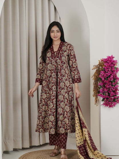 Wine Floral Jaipuri Cotton A-line Kurta Set with Printed Dupatta