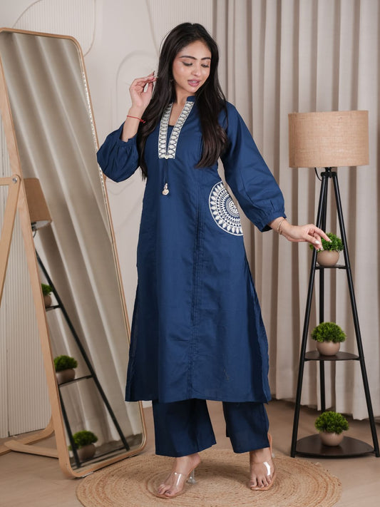 Navy Blue Dabu Cotton A-Line Kurta Set with Handcrafted Embroidery