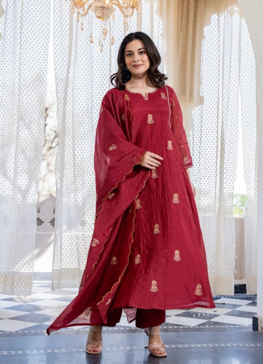 Maroon Mul Chanderi Embroidered Anarkali Suit Set with Dupatta – Festive & Occasion Wear