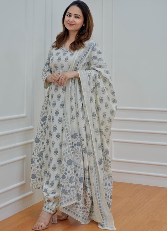 Cream Grey Cotton Afghani Suit Set with Floral Print – Ethnic Wear