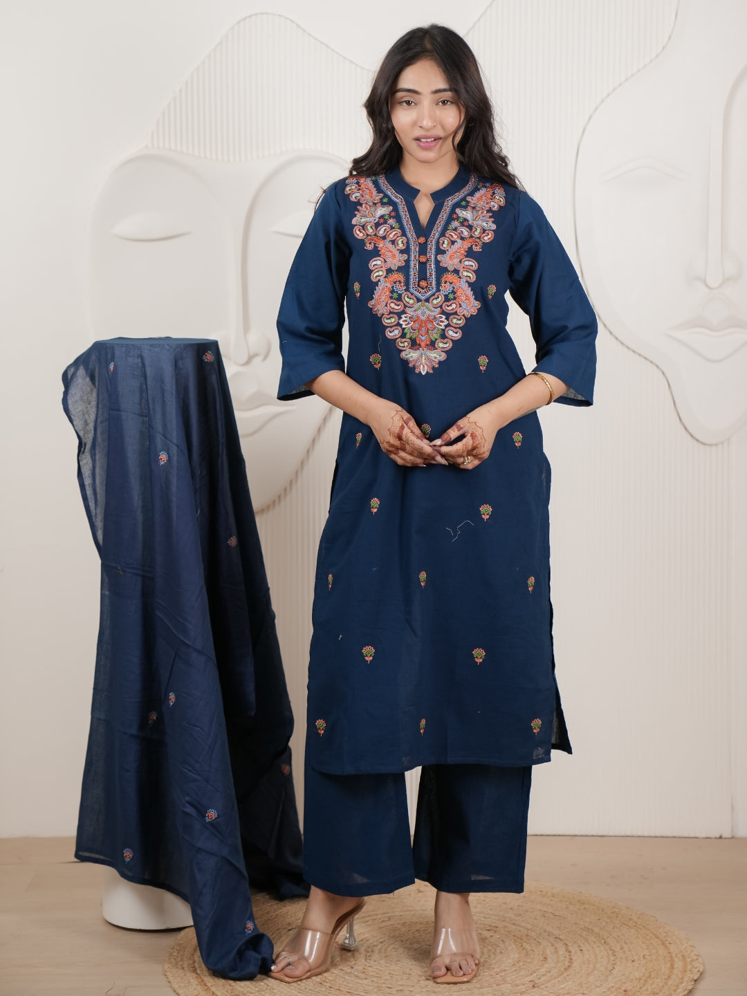 Navy Blue Embroidered Cotton Flex Kurta Palazzo Set with Dupatta