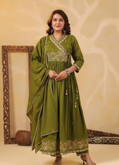 Olive Green Mul Cotton Angarkha Suit Set with Embroidered Detailing – Ethnic Wear