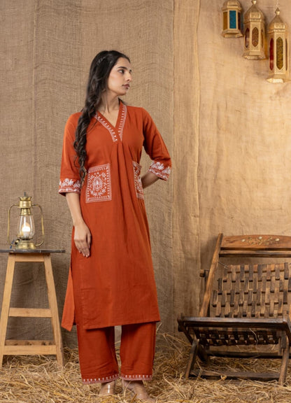Rust Orange Cotton Slub Kurta Set with Pockets
