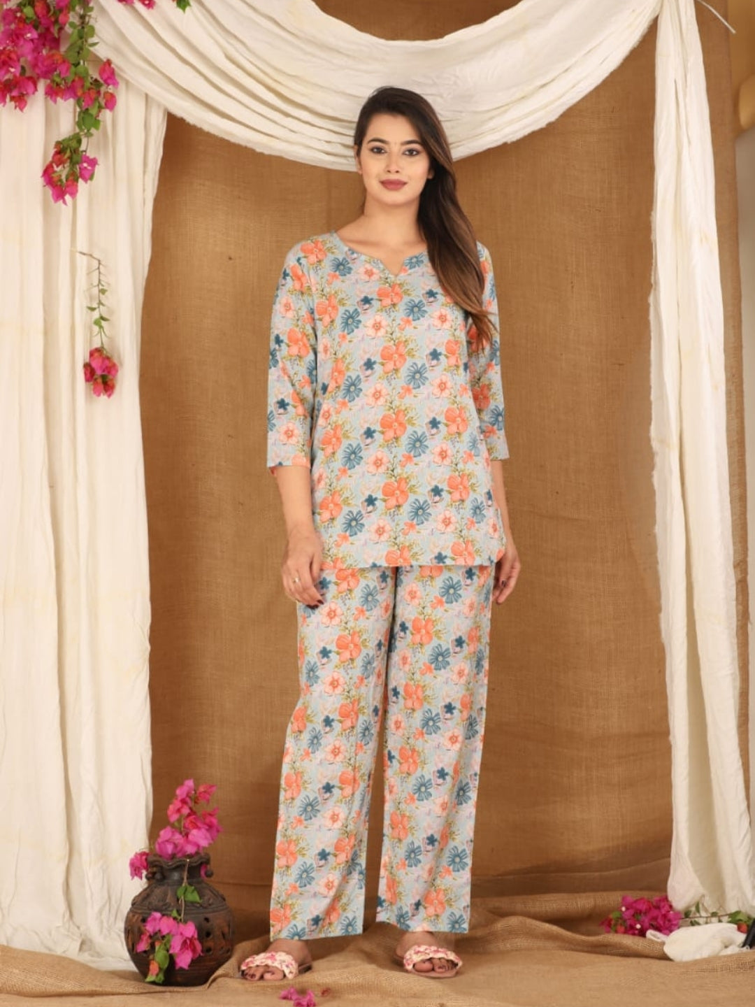 Pastel Blue Cotton Co-ord Set with Floral Print – Casual Wear