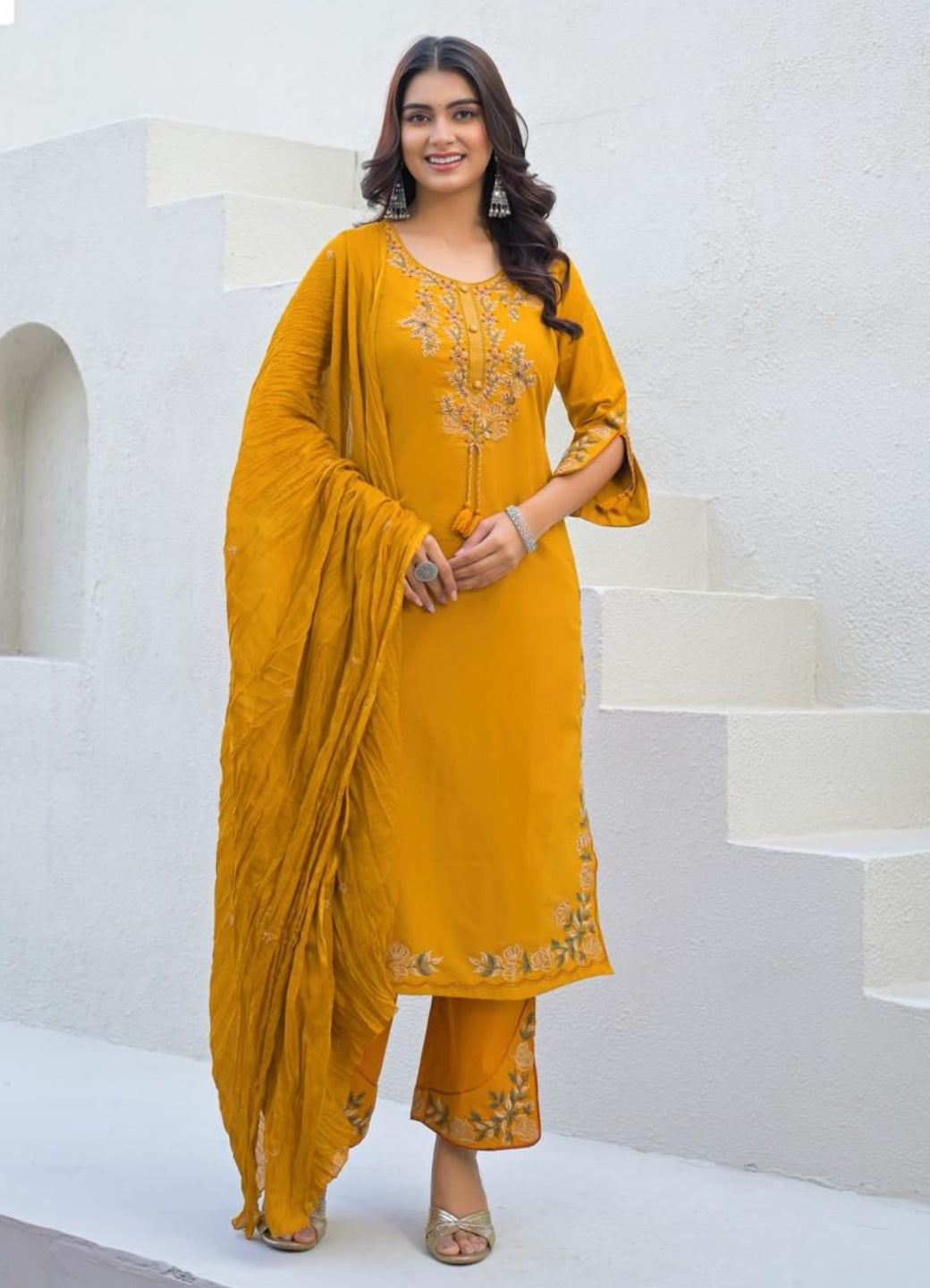 Mustard Yellow Cotton Suit Set with Embroidered Floral Motifs
