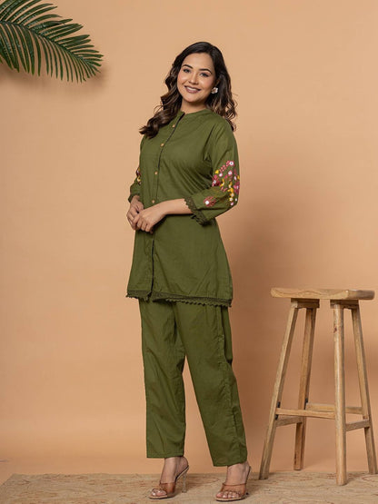 Olive Green Pure Cotton Kurta Pant Set with Floral Embroidery