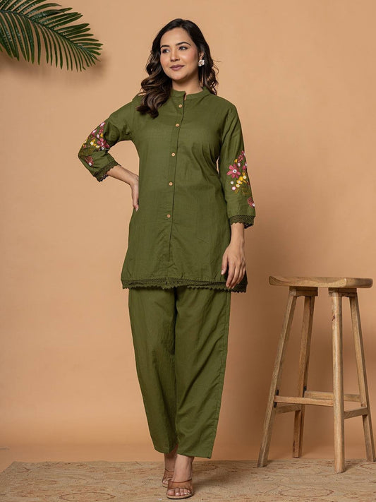 Olive Green Pure Cotton Kurta Pant Set with Floral Embroidery