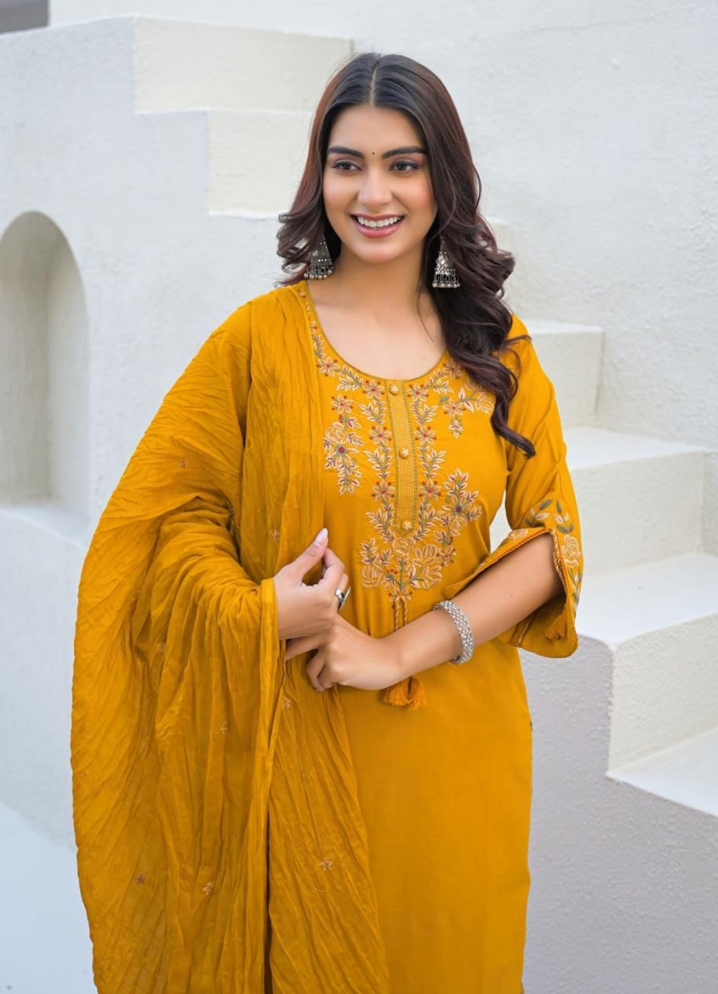 Mustard Yellow Cotton Suit Set with Embroidered Floral Motifs