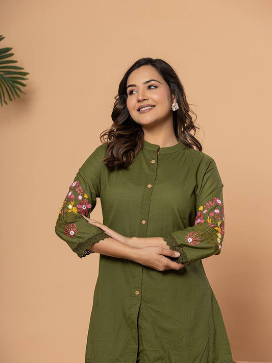 Olive Green Pure Cotton Kurta Pant Set with Floral Embroidery