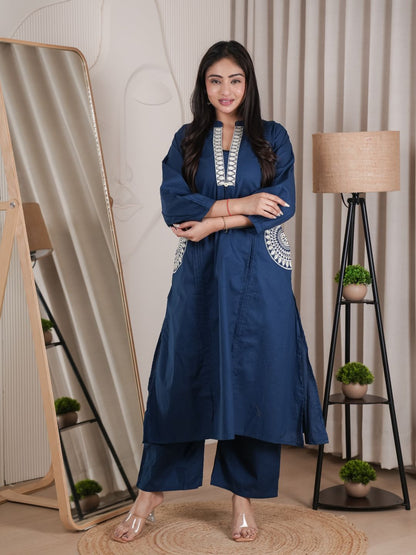Navy Blue Dabu Cotton A-Line Kurta Set with Handcrafted Embroidery
