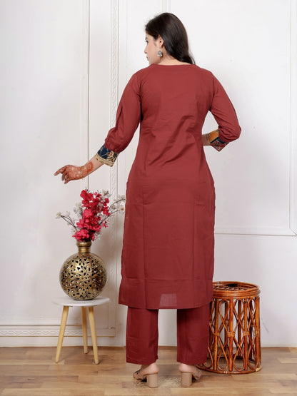 Maroon Cotton Kurta Set with Patch Handwork and Printed Dupatta – Ethnic Wear