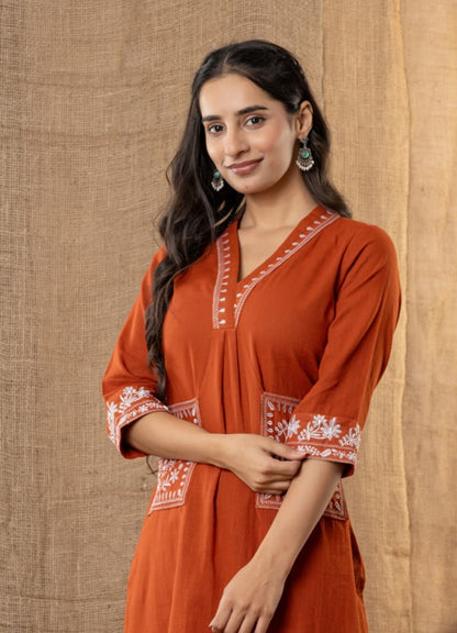 Rust Orange Cotton Slub Kurta Set with Pockets