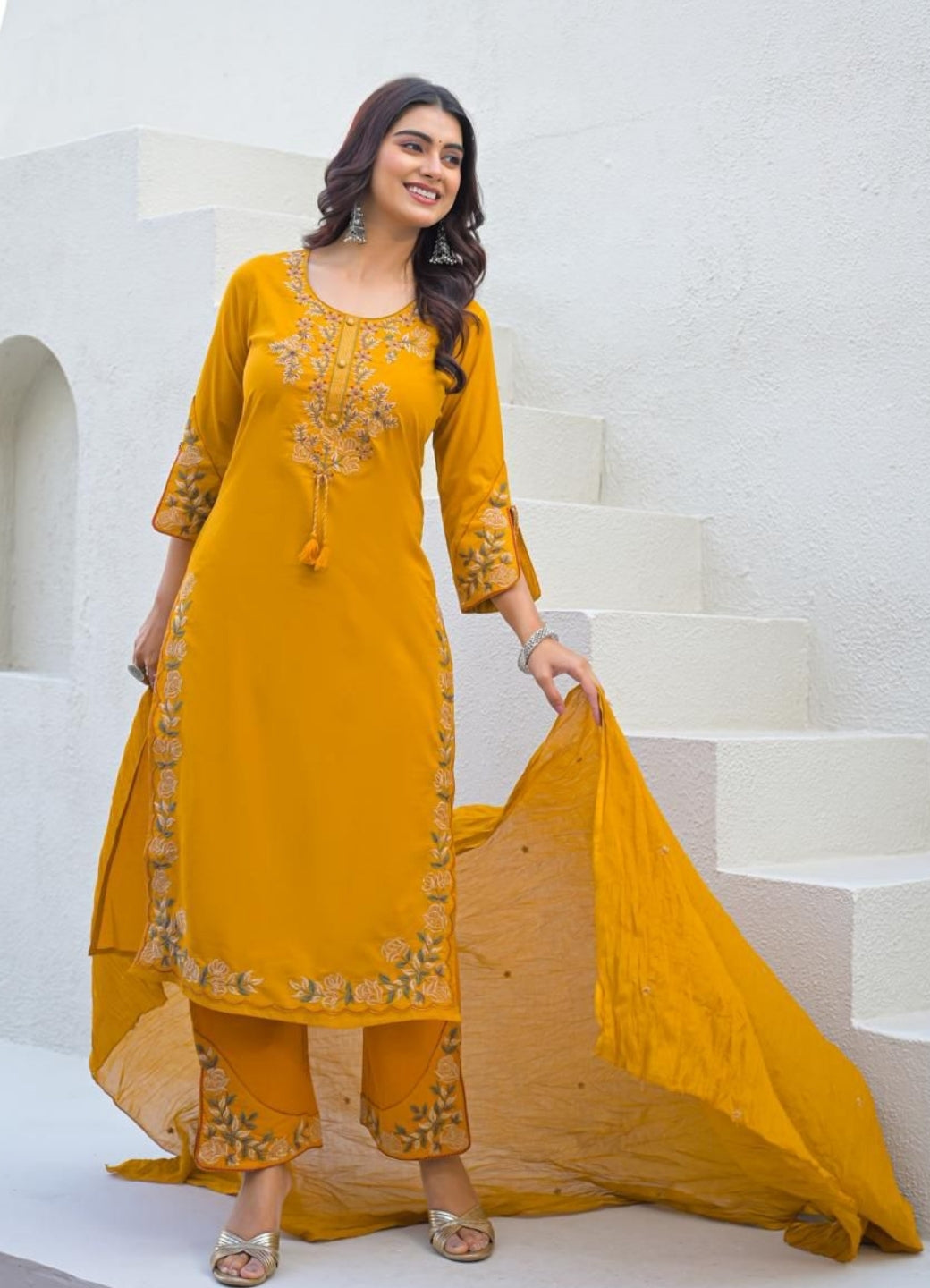 Mustard Yellow Cotton Suit Set with Embroidered Floral Motifs