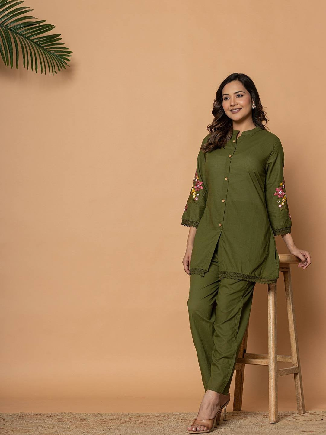 Olive Green Pure Cotton Kurta Pant Set with Floral Embroidery