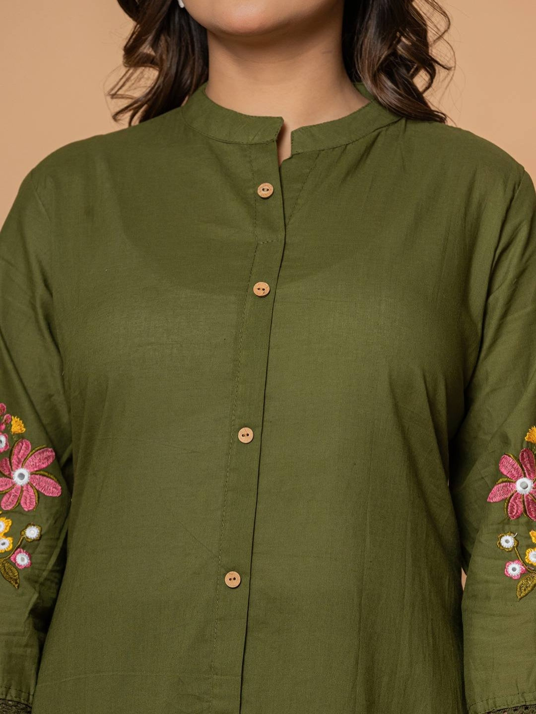 Olive Green Pure Cotton Kurta Pant Set with Floral Embroidery