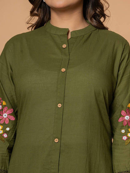 Olive Green Pure Cotton Kurta Pant Set with Floral Embroidery