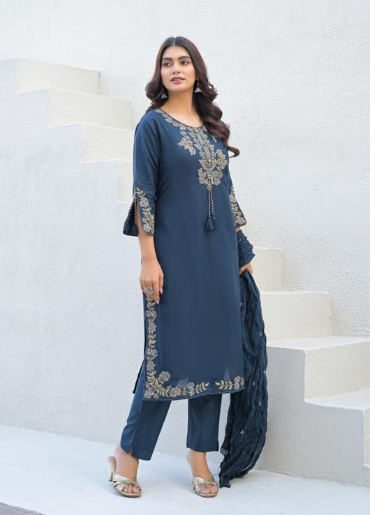 Navy Blue Cotton Suit Set with Embroidered Floral Motifs