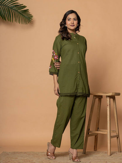 Olive Green Pure Cotton Kurta Pant Set with Floral Embroidery