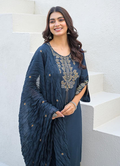 Navy Blue Cotton Suit Set with Embroidered Floral Motifs
