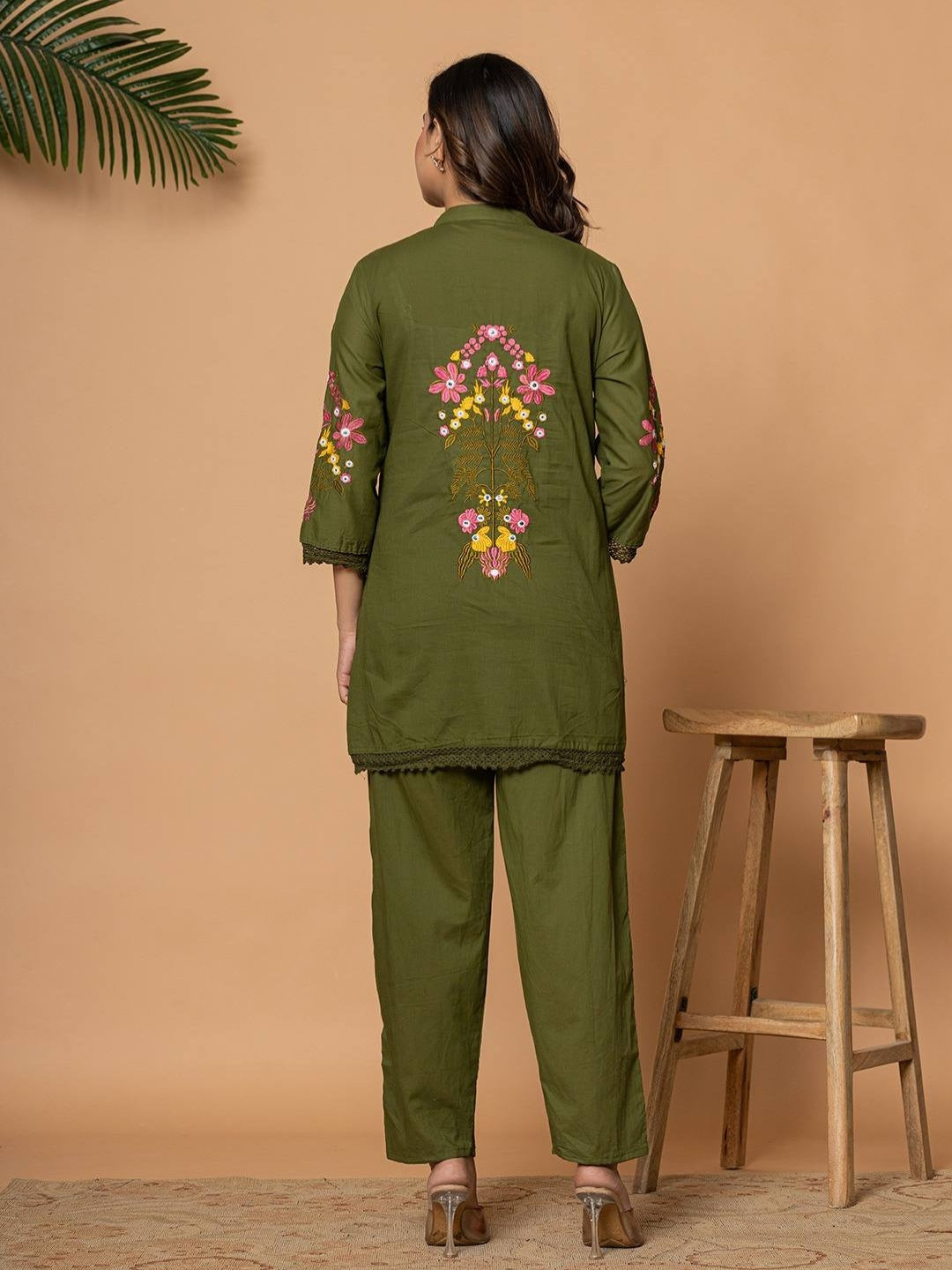 Olive Green Pure Cotton Kurta Pant Set with Floral Embroidery