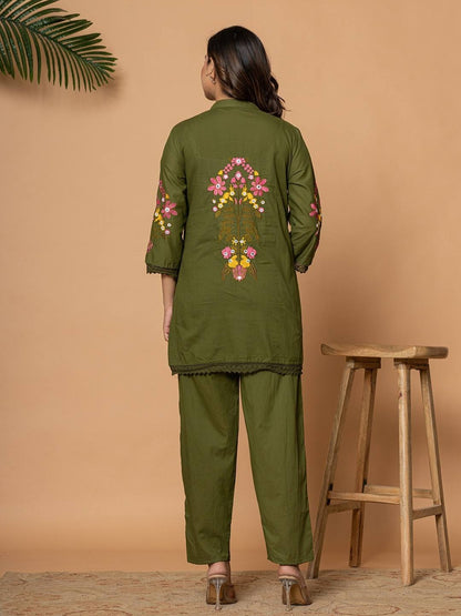 Olive Green Pure Cotton Kurta Pant Set with Floral Embroidery