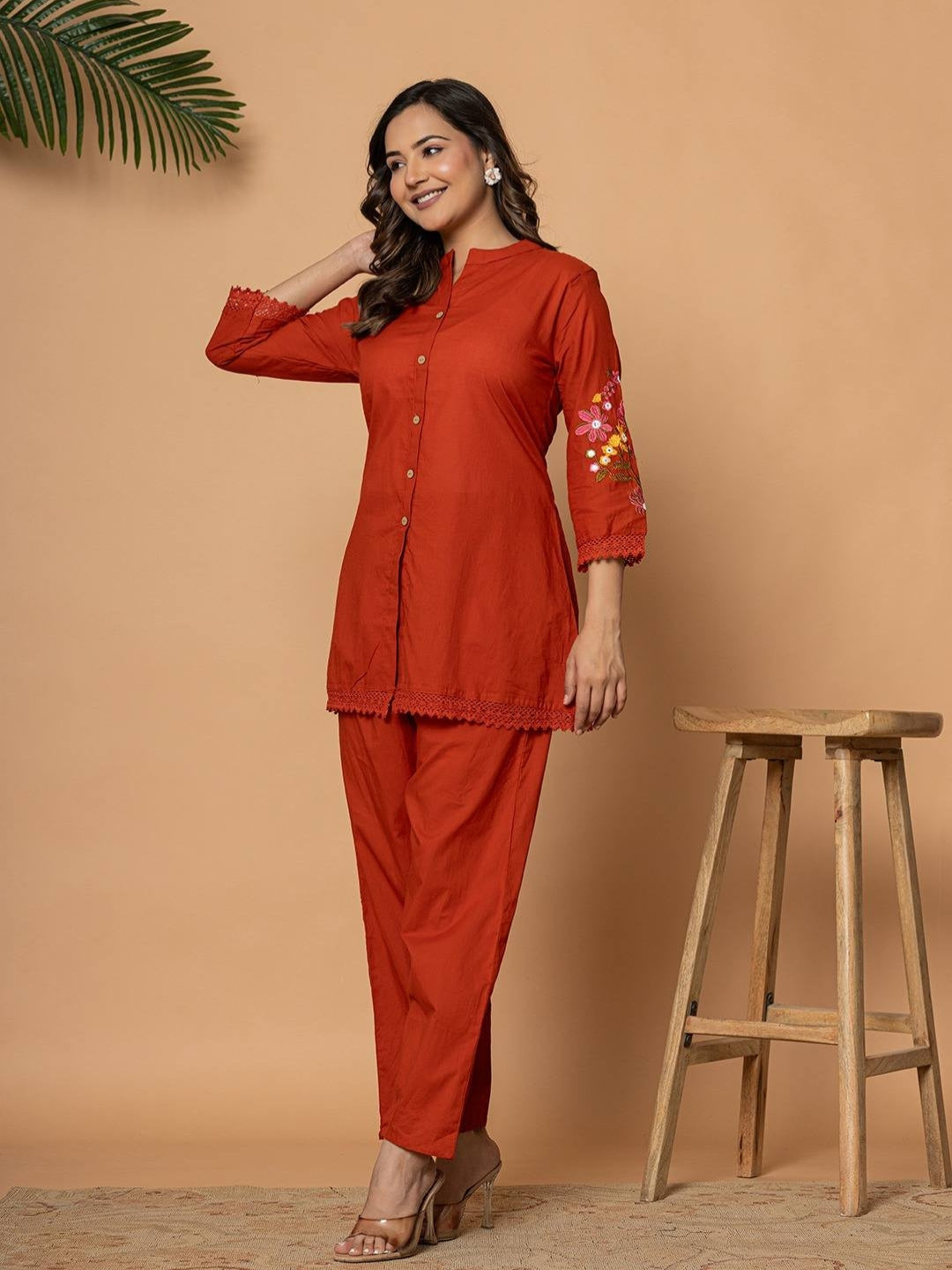 Rust Pure Cotton Kurta Pant Set with Floral Embroidery