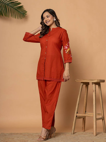 Rust Pure Cotton Kurta Pant Set with Floral Embroidery