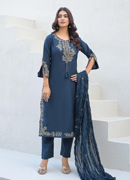 Navy Blue Cotton Suit Set with Embroidered Floral Motifs